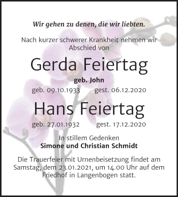Traueranzeige von Gerda und Hans Feiertag von Mitteldeutsche Zeitung Halle/Saalkreis
