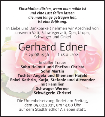 Traueranzeige von Gerhard Edner von Mitteldeutsche Zeitung Bernburg