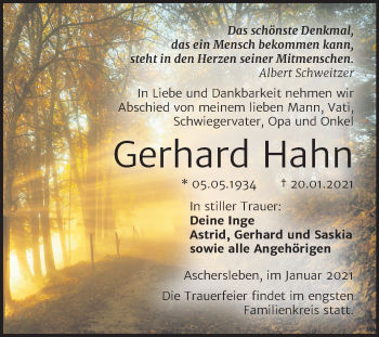 Traueranzeige von Gerhard Hahn von Super Sonntag Aschersleben