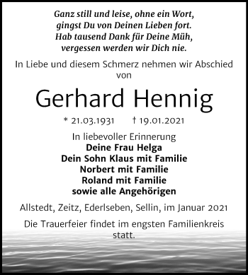 Traueranzeige von Gerhard Hennig von Mitteldeutsche Zeitung Sangerhausen