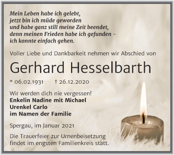 Traueranzeige von Gerhard Hesselbarth von Mitteldeutsche Zeitung Merseburg/Querfurt