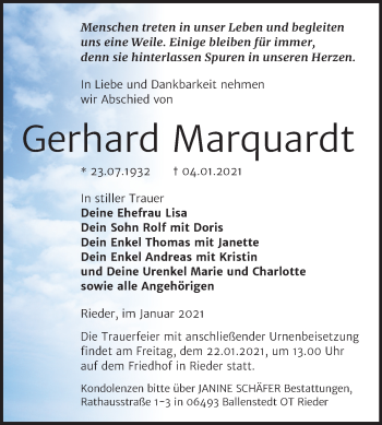 Traueranzeige von Gerhard Marquardt von Mitteldeutsche Zeitung Quedlinburg