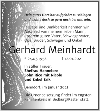 Traueranzeige von Gerhard Meinhardt von Super Sonntag Mansfelder Land