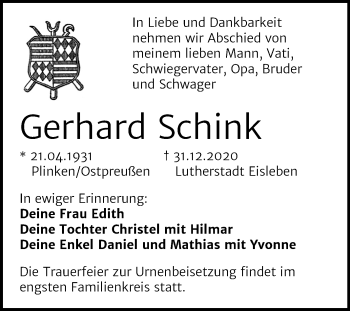 Traueranzeige von Gerhard Schink von Mitteldeutsche Zeitung Mansfelder Land