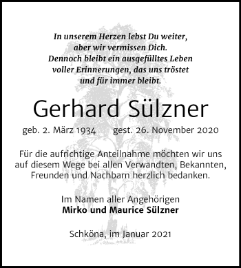Traueranzeige von Gerhard Sülzner von Mitteldeutsche Zeitung Wittenberg