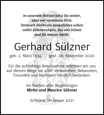 Traueranzeige von Gerhard Sülzner von Super Sonntag Wittenberg