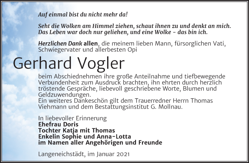  Traueranzeige für Gerhard Vogler vom 23.01.2021 aus Mitteldeutsche Zeitung Merseburg/Querfurt