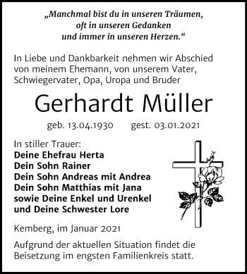 Traueranzeige von Gerhardt Müller von Super Sonntag Wittenberg