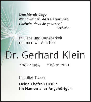 Traueranzeige von Gerharld Klein von Mitteldeutsche Zeitung Halle/Saalkreis