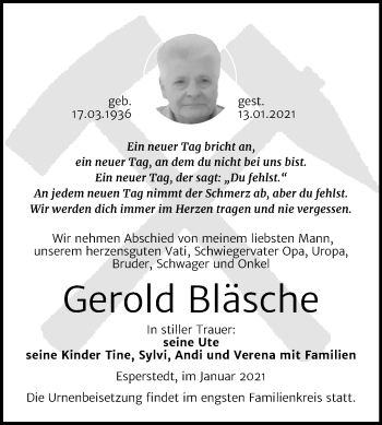 Traueranzeige von Gerold Bläsche von Super Sonntag Merseburg/Querfurt