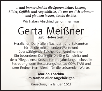 Traueranzeige von Gerta Meißner von Super Sonntag Weißenfels