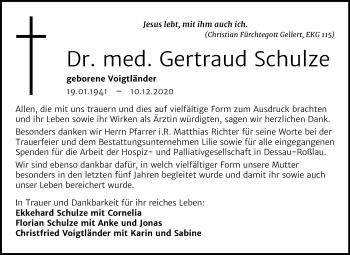 Traueranzeige von Gertraud Schulze von Mitteldeutsche Zeitung Dessau-Roßlau