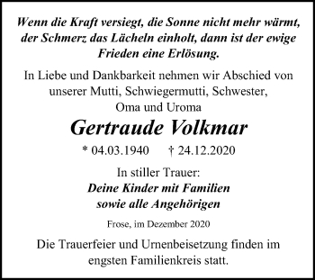 Traueranzeige von Gertraude Volkmar von Mitteldeutsche Zeitung Aschersleben