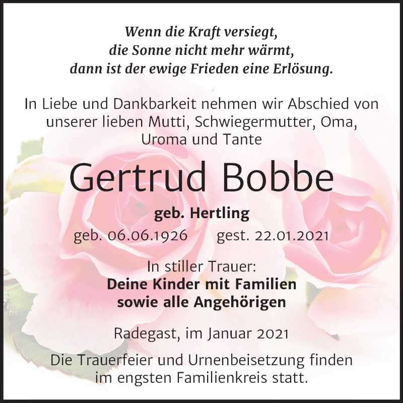  Traueranzeige für Gertrud Bobbe vom 28.01.2021 aus Mitteldeutsche Zeitung Köthen