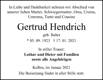 Traueranzeige von Gertrud Hendrich von Mitteldeutsche Zeitung Sangerhausen