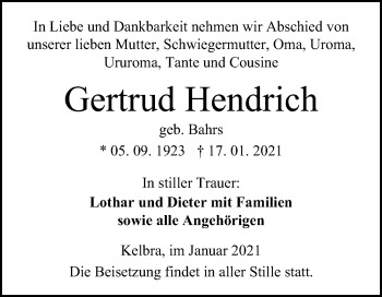 Traueranzeige von Gertrud Hendrich von Super Sonntag Sangerhausen