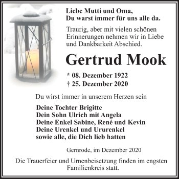 Traueranzeige von Gertrud Mook von Super Sonntag Quedlinburg