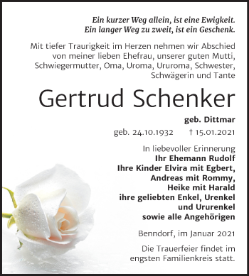Traueranzeige von Gertrud Schenker von Mitteldeutsche Zeitung Mansfelder Land