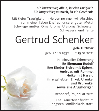 Traueranzeige von Gertrud Schenker von Super Sonntag Mansfelder Land