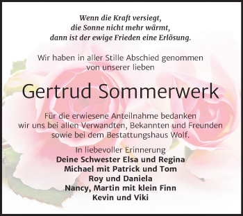 Traueranzeige von Gertrud Sommerwerk von Super Sonntag Zeitz