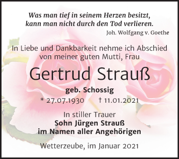 Traueranzeige von Gertrud Strauß von Super Sonntag Zeitz