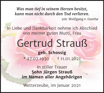 Traueranzeige von Gertrud Strauß von Mitteldeutsche Zeitung Zeitz