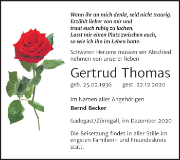 Traueranzeige von Gertrud Thomas von Super Sonntag Wittenberg