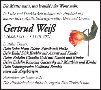 Traueranzeige von Gertrud Weiß von Mitteldeutsche Zeitung Aschersleben