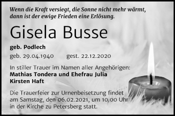 Traueranzeige von Gisela Busse von Mitteldeutsche Zeitung Halle/Saalkreis