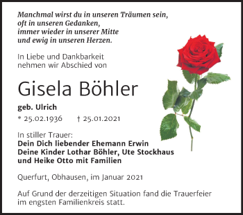 Traueranzeige von Gisela Böhler von Super Sonntag Merseburg/Querfurt