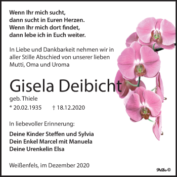 Traueranzeige von Gisela Deibicht von Mitteldeutsche Zeitung Weißenfels
