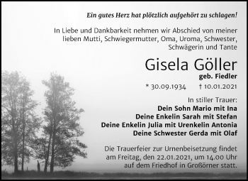 Traueranzeige von Gisela Göller von Mitteldeutsche Zeitung Mansfelder Land