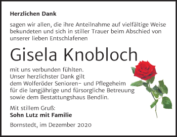 Traueranzeige von Gisela Knobloch von Mitteldeutsche Zeitung Mansfelder Land