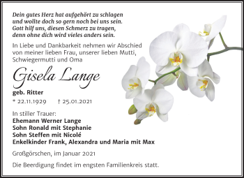 Traueranzeige von Gisela Lange von Super Sonntag Weißenfels