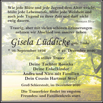 Traueranzeige von Gisela Lüddicke von Mitteldeutsche Zeitung Aschersleben