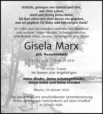 Traueranzeige von Gisela Marx von Super Sonntag Wittenberg