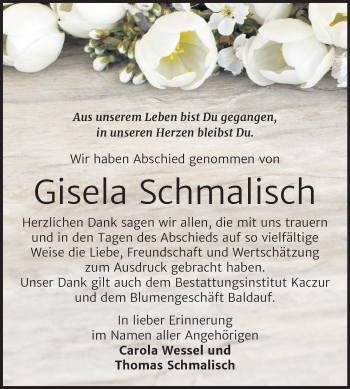 Traueranzeige von Gisela Schmalisch von Mitteldeutsche Zeitung Quedlinburg