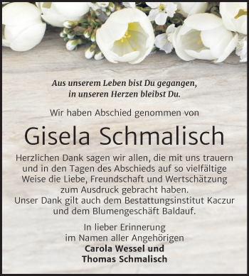 Traueranzeige von Gisela Schmalisch von Super Sonntag Quedlinburg