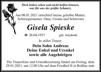 Traueranzeige von Gisela Spieske von Super Sonntag Dessau-Roßlau