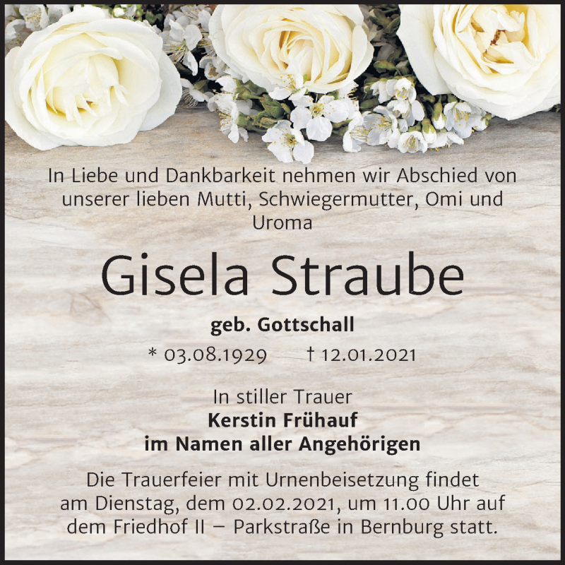  Traueranzeige für Gisela Straube vom 16.01.2021 aus Mitteldeutsche Zeitung Bernburg
