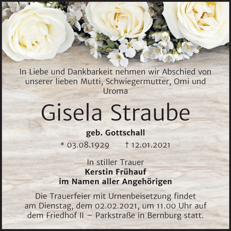  Traueranzeige für Gisela Straube vom 16.01.2021 aus Super Sonntag Bernburg