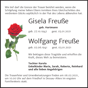 Traueranzeige von Gisela und Wolfgang Freuße von Mitteldeutsche Zeitung Dessau-Roßlau