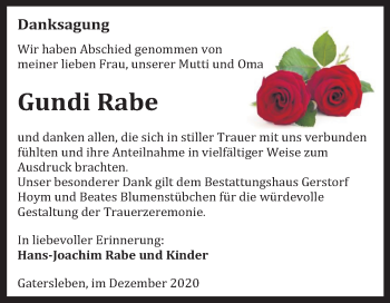Traueranzeige von Gundi Rabe von Mitteldeutsche Zeitung Aschersleben