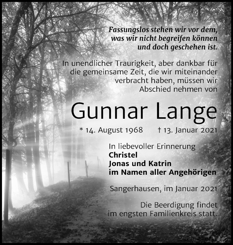  Traueranzeige für Gunnar Lange vom 21.01.2021 aus Mitteldeutsche Zeitung Sangerhausen