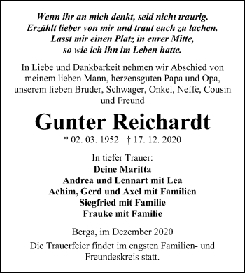 Traueranzeige von Gunter Reichardt von Super Sonntag Sangerhausen