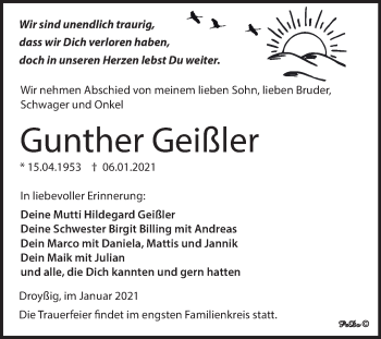 Traueranzeige von Gunther Geißler von Mitteldeutsche Zeitung Zeitz