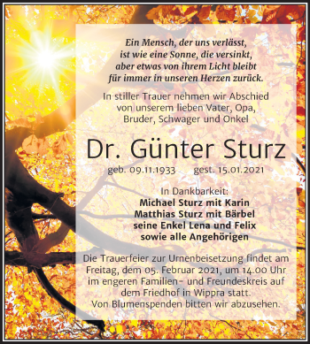 Traueranzeige von Günte Sturz von Mitteldeutsche Zeitung Mansfelder Land / Sangerhausen