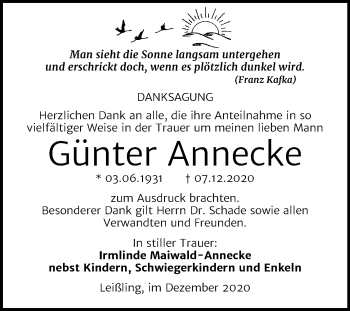 Traueranzeige von Günter Annecke von Mitteldeutsche Zeitung Weißenfels