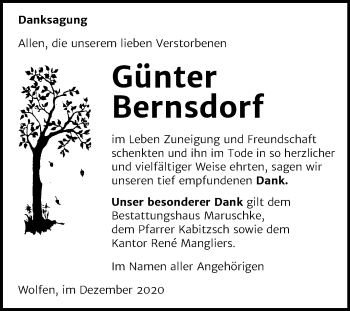 Traueranzeige von Günter Bernsdorf von Mitteldeutsche Zeitung Bitterfeld