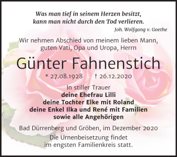Traueranzeige von Günter Fahnenstich von Super Sonntag Merseburg/Querfurt